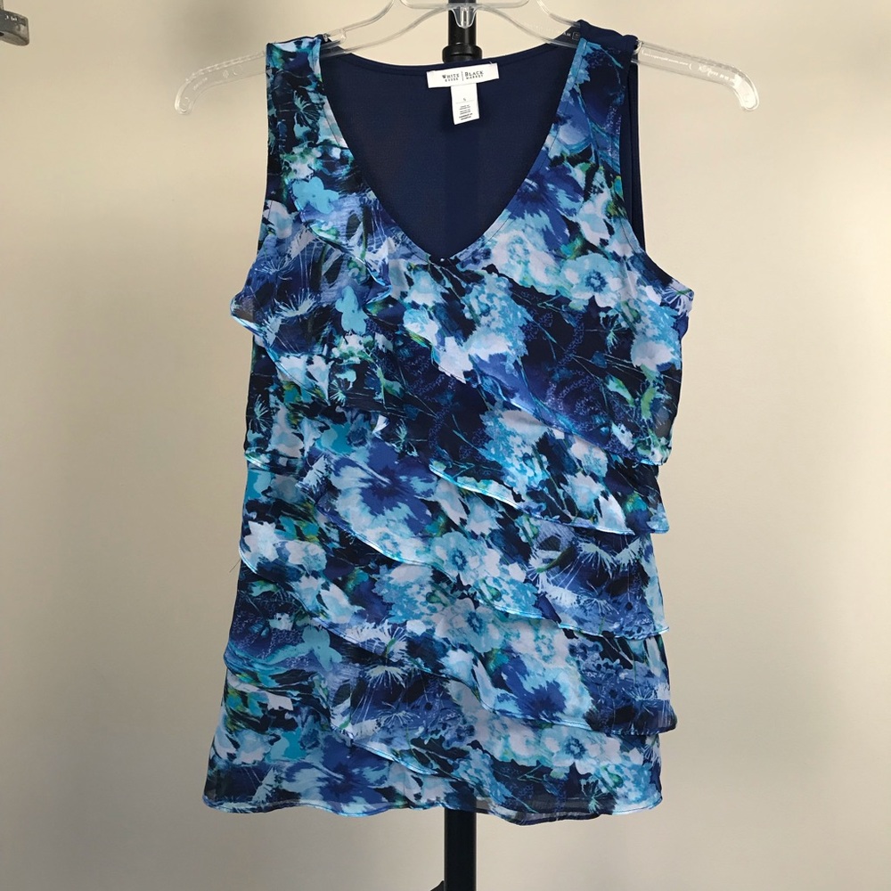WHBM Ruffle Tiers Floral Blouse Tank Blue Size S